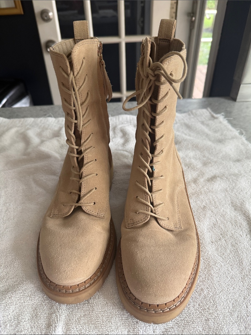 Sam Edelman Tan Suede Lace-Up Platform Combat Boots
